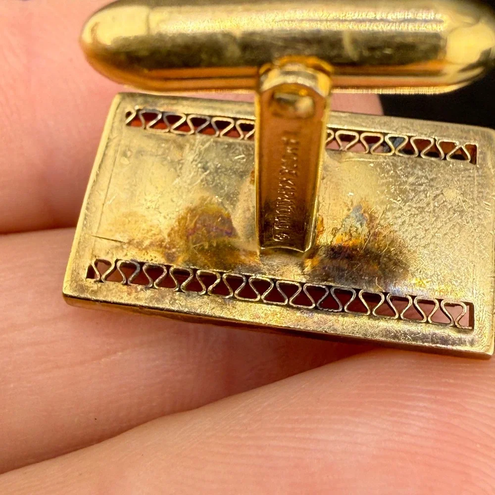 Vintage Lamode Karayclad Cufflinks Tie Tack Set Green Stone Gold Tone READ